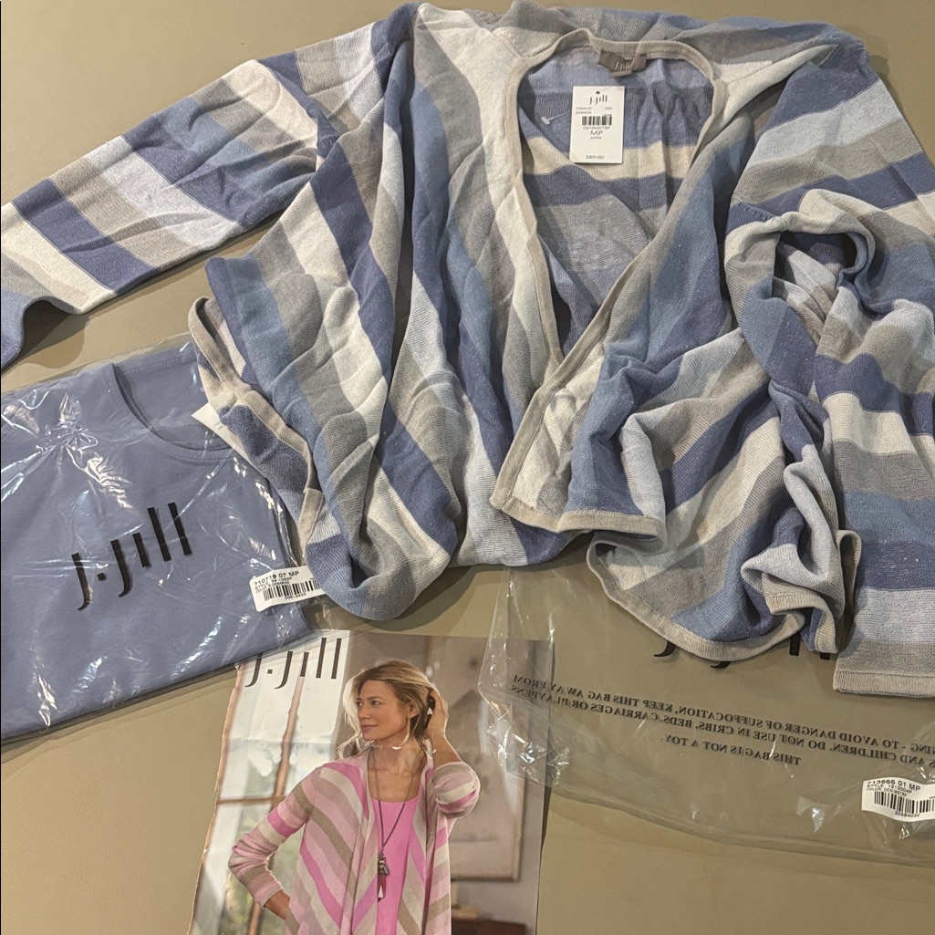 J. Jill Soft Striped Cardigan In Blue And Cream With Matching Tank Size Mp Nwt